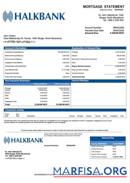 Realistic North Macedonia Halkbank mortgage statement Word and PDF template